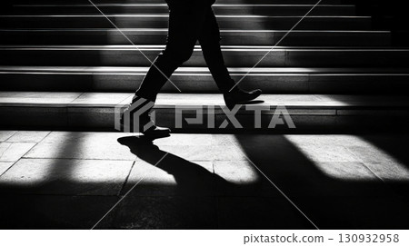 Person Walking Up Stairs Their Shadow Creating An Contrast Person Walking Up Stairs Their Shadow Creating An Contrast 130932958