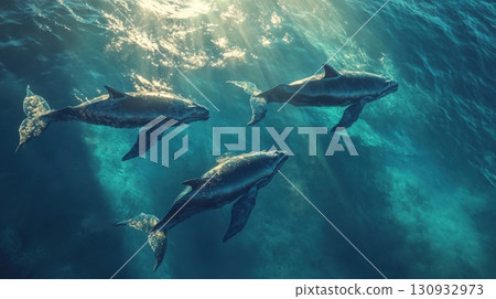 School Of Fish Swimming In The Deep Sea 130932973