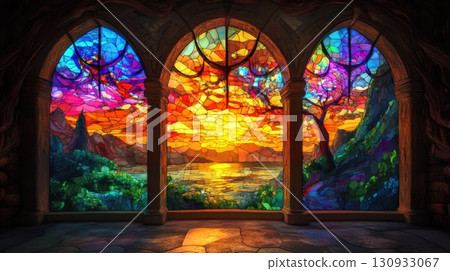 Stained glass in a whimsical, fantastic style 130933067