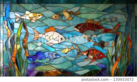 Stained Glass Panel With Ocean Themes Photorealisti 130933072