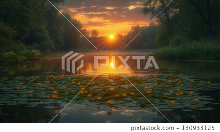 Golden sunlight piercing through mist over a lily-covered lake at dawn 130933125