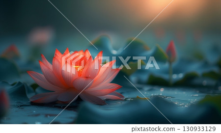 Bright orange lotus flower bathed in soft light, surrounded by dark leaves on a serene water surface 130933129