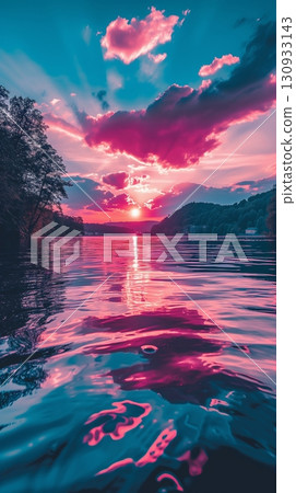 Sunset over the river, with pink and blue hues in the sky and water, and silhouettes of trees along the banks 130933143