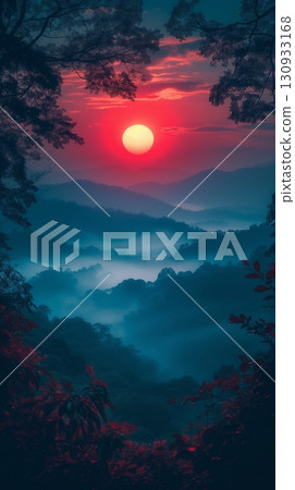 Sunset over the forest, the sun sets behind a mountain range, with layers of hills and mist creating a serene, red-tinged landscape 130933168