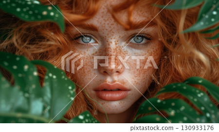A close-up portrait of a young woman with striking blue eyes and freckles, peering through lush green leaves that surround them 130933176