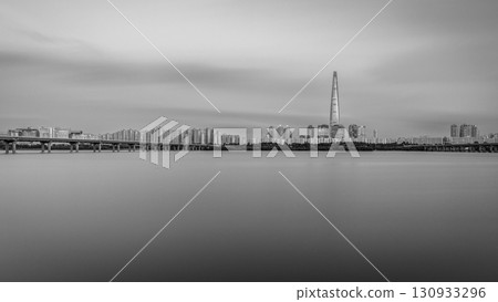 Panoramic cityscape black and white minimalist view of Han river, Lotte Tower and Gangnam district in Seoul, South Korea 130933296