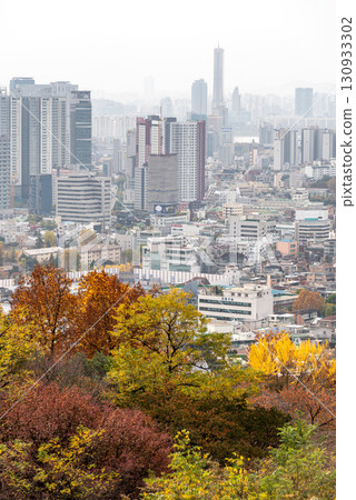 Smog pollution and yellow dust covering cityscape of Seoul, capital of South Korea 130933302