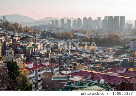 Panoramic cityscape aerial view of downtown Seoul, capital of South Korea 130933357