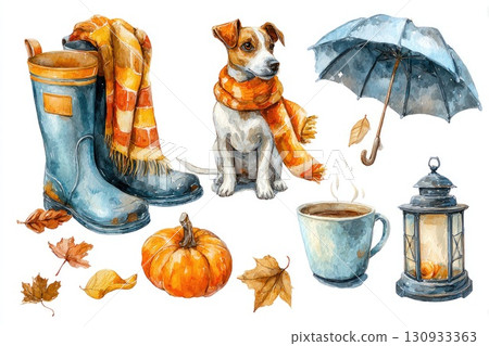 Autumn watercolor set with dog, pumpkin and umbrella 130933363