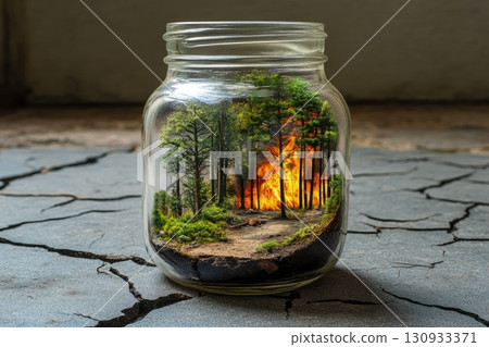 Forest fire inside glass jar environmental concept 130933371