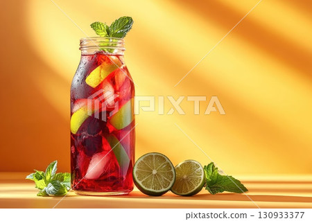 Colorful summer drink with lime and mint on yellow background 130933377