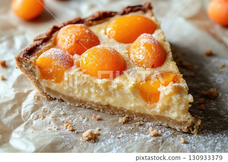 Closeup slice of apricot tart with cream filling Closeup slice of apricot tart with cream filling 130933379