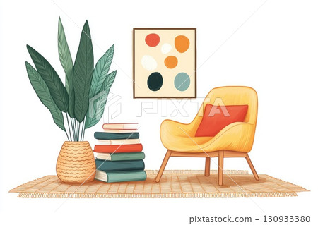Cozy interior with chair books and plant illustration 130933380