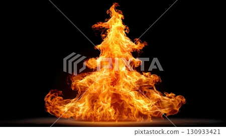 Blazing fire forming a majestic tree-like shape against a stark black background. 130933421