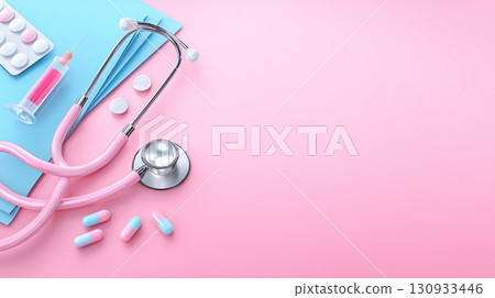 Medical tools and medication on a pink background, symbolizing healthcare and wellness. 130933446