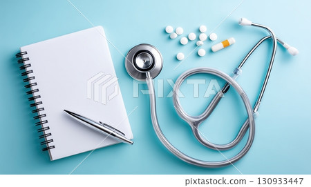 Medical tools and pills on a light blue background, representing healthcare and wellness 130933447