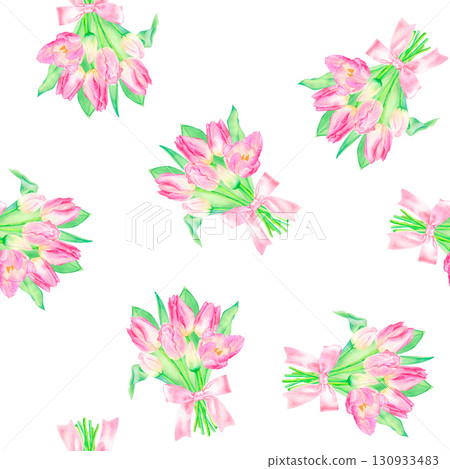 Seamless watercolor pattern with hand drawn tulip bouquet with pink ribbon. 130933483