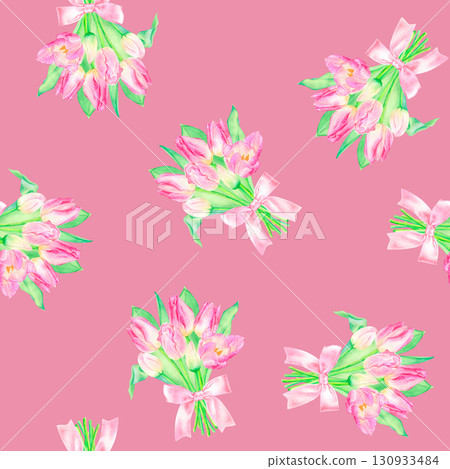Seamless watercolor pattern with hand drawn tulip bouquet with pink ribbon. Seamless watercolor pattern with hand drawn tulip bouquet with pink ribbon. 130933484
