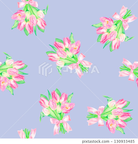Seamless watercolor pattern with hand drawn tulip bouquet with pink ribbon. Seamless watercolor pattern with hand drawn tulip bouquet with pink ribbon. 130933485