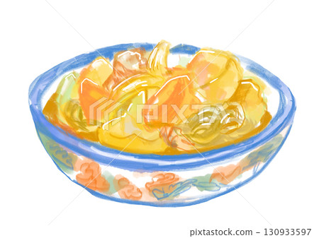 手繪水彩插圖，描繪美味熱氣騰騰的肉和土豆 130933597