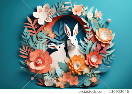 Charming paper art featuring two bunnies nestled within a floral wreath 130933646