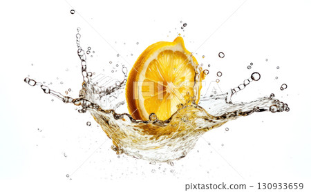 Fresh lemon bursts into water, creating a dynamic wave 130933659