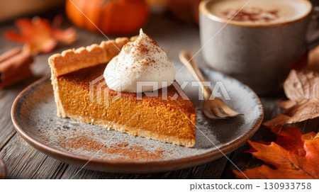 A slice of pumpkin pie with whipped cream and cinnamon on a rustic plate, a classic autumn dessert to pair with coffee 130933758