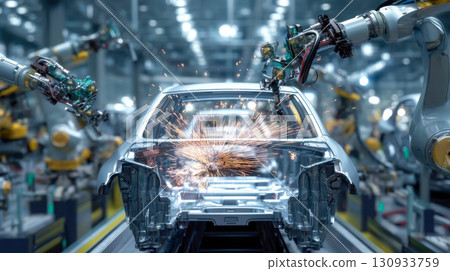 A robotic arm welds a car body with bright sparks on a modern assembly line, advanced industrial manufacturing technology 130933759