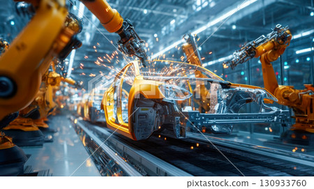 A robotic arm welds bright sparks onto the body of a yellow car in a modern factory, automated car assembly line technology 130933760