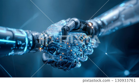 Futuristic robotic hands shaking hands with glowing circuits, symbolizing partnership in artificial intelligence Futuristic robotic hands shaking hands with glowing circuits, symbolizing partnership in artificial intelligence 130933761