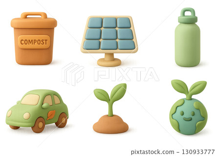 Eco icon set with compost bin, solar panel, water bottle, car, plant, and Earth. Isolated on transparent background 130933777