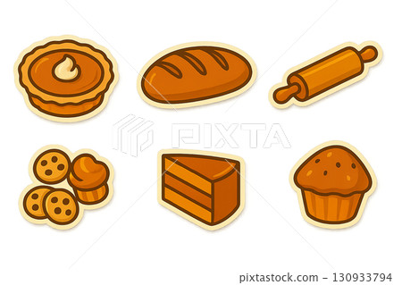 Autumn baking icons set with pie, bread, rolling pin, cookies, cake, muffin. Isolated on transparent background 130933794