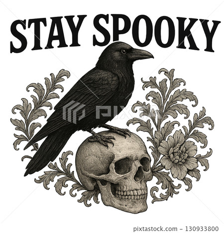 Halloween gothic grunge theme with crow on skull, spooky design. Isolated on transparent background 130933800