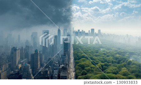 City skyline divided between thick smog and clear sky with green park, concept of environmental pollution and climate change 130933833