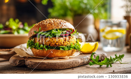 Healthy vegan chickpea burger with fresh herbs on a rustic wooden board, plant-based dish Healthy vegan chickpea burger with fresh herbs on a rustic wooden board, plant-based dish 130933836