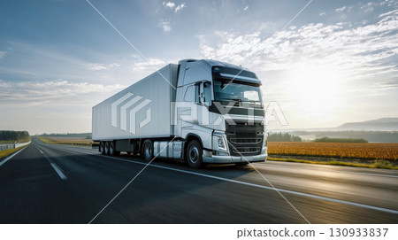 White modern semi trailer driving on open road at dawn, logistics and transportation concept White modern semi trailer driving on open road at dawn, logistics and transportation concept 130933837