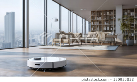 Smart robot vacuum cleaner in a modern luxury apartment with panoramic windows, automated home cleaning technology Smart robot vacuum cleaner in a modern luxury apartment with panoramic windows, automated home cleaning technology 130933838