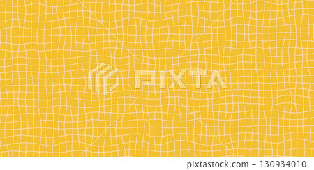 Psychedelic line checker background in yellow with wavy abstract grid pattern. Psychedelic line grid in retro groovy vector style. Great for posters, textiles, or digital artwork. 130934010