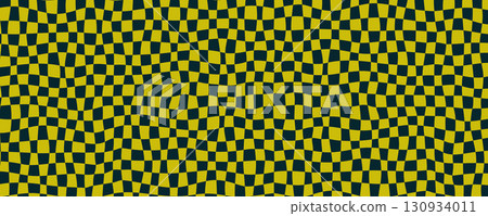 Psychedelic checker background with warped green and black squares, groovy Y2K retro pattern. Abstract optical illusion vector design for posters, covers, or digital art 130934011