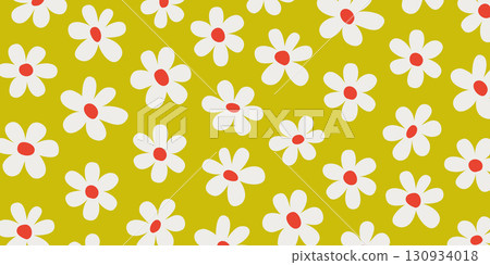 Psychedelic groovy background with white daisy flowers on light green backdrop. Retro daisy flower pattern in abstract style, great for fabric or wrapping paper Psychedelic groovy background with white daisy flowers on light green backdrop. Retro daisy flower pattern in abstract style, great for fabric or wrapping paper 130934018