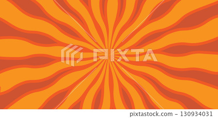 Psychedelic Halloween background with orange sunburst rays and groovy wavy lines. Retro abstract vector pattern, perfect for party posters, packaging, fabric, and seasonal graphic designs 130934031