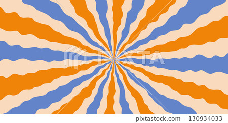 Psychedelic abstract background with wavy orange, beige, and blue rays radiating from the center. Groovy retro pattern with vibrant colors, perfect for posters, textiles, packaging, and creative 130934033