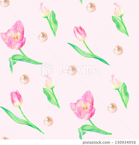 Watercolor tulips and pearls seamless pattern, spring flowers golden pearls hand drawn. Suitable for design, printing. Watercolor tulips and pearls seamless pattern, spring flowers golden pearls hand drawn. Suitable for design, printing. 130934058
