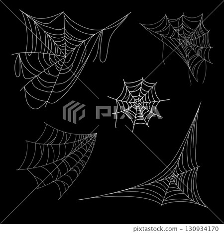 Halloween spider web with various sizes and shapes. Old cobweb set vector illustration for dark gothic decoration for holidays. Corner spider, net thread cobweb scary frames. 130934170