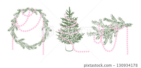 Set of holiday whimsical vintage Christmas tree, wreath, fir branch with decorations, retro beads. Elegant coquette clip art. Flat hand drawn vector illustration. Set of holiday whimsical vintage Christmas tree, wreath, fir branch with decorations, retro beads. Elegant coquette clip art. Flat hand drawn vector illustration. 130934178