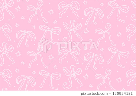 Cute Xmas linear whimsical ribbon bows seamless pattern. Coquette Christmas repeated background. Pink contour vector hand drawn illustration. Cute Xmas linear whimsical ribbon bows seamless pattern. Coquette Christmas repeated background. Pink contour vector hand drawn illustration. 130934181