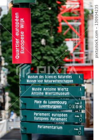 Directional signpost with directions to various European institutions in European Quarter of Brussels, Belgium Directional signpost with directions to various European institutions in European Quarter of Brussels, Belgium 130934235