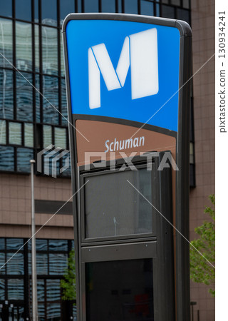 Schuman subway metro station sign in the European Quarter of Brussels, Belgium Schuman subway metro station sign in the European Quarter of Brussels, Belgium 130934241