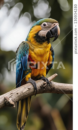 A vibrant blue-and-yellow macaw perched on a branch. 130934280
