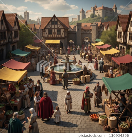 A bustling medieval marketplace in a town square. Historical scene with a castle in the background. 130934296